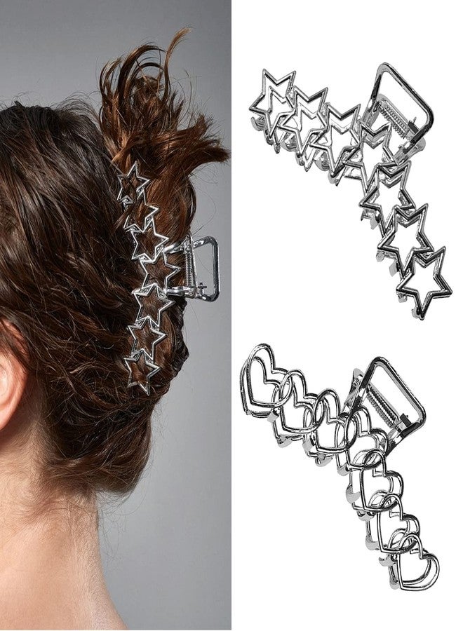 VOTACOS 2PCS Y2k Metal Hair Claw Clips Star Heart Hair Clips for Women Big Nonslip Design Claw Hair Clips for Thick and Thin Hair Stitching Silver Large Hair Accessories for Women and Girls. - Image 1